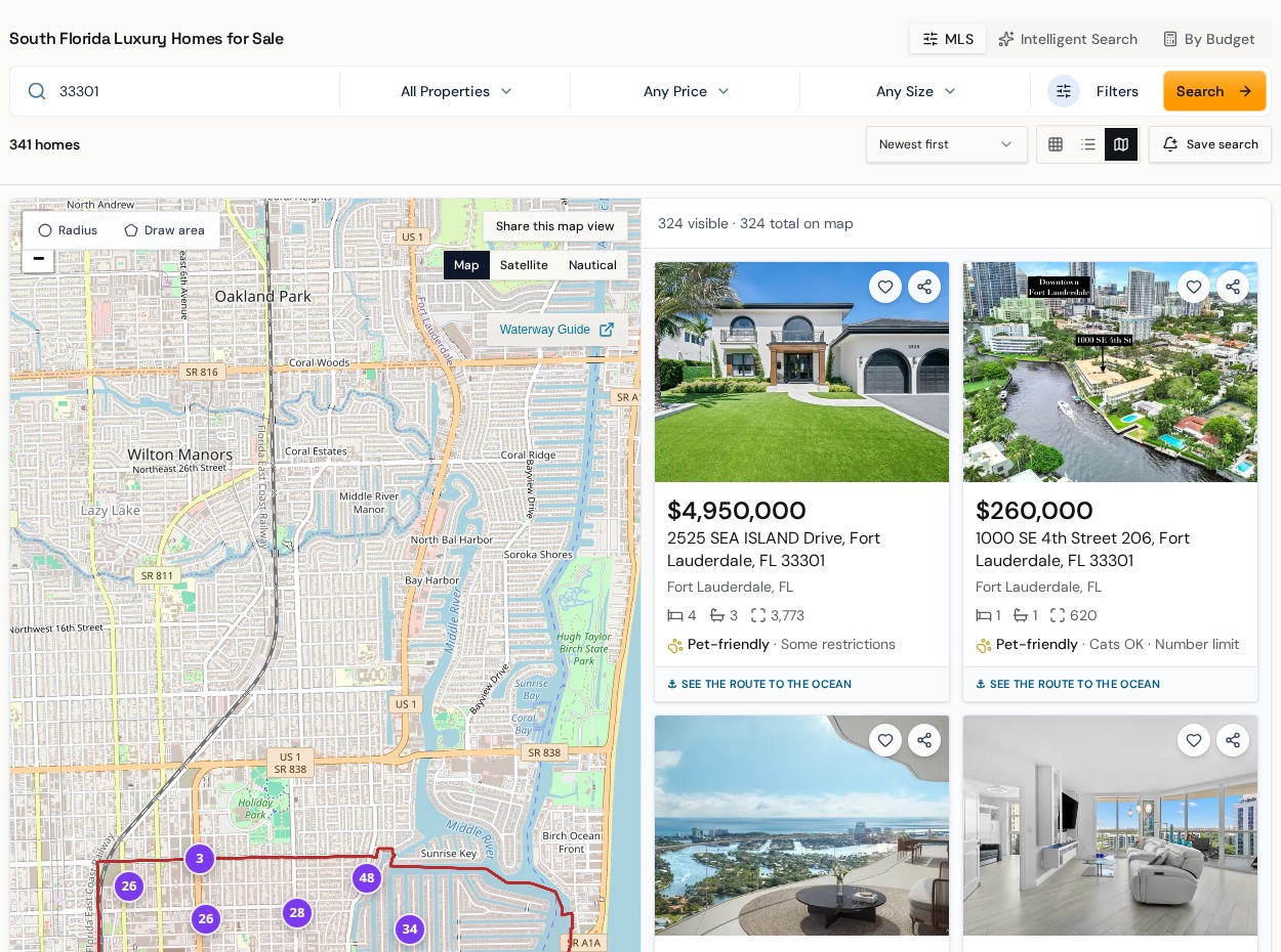 Actual 33301 search with ZIP outline, property cards and Save search control