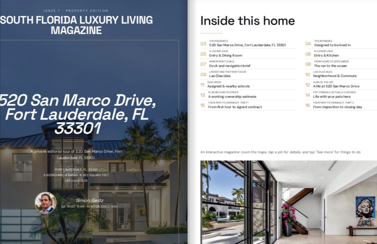 Cover and contents page of a real South Florida Luxury Living property magazine