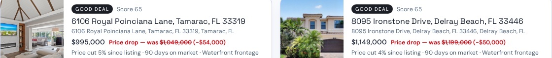 Actual scored property opportunities with full prices and price reductions