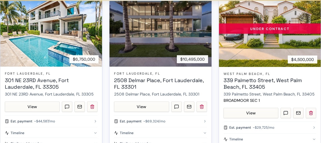 Actual saved-home cards with photos, full prices and property timelines