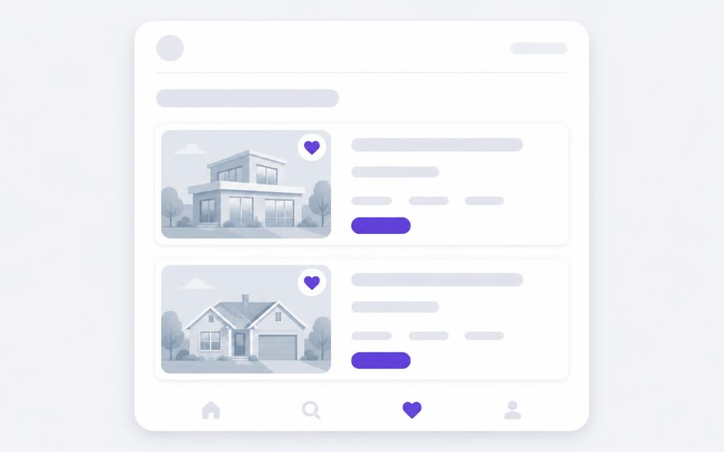 Saved properties screen showing favorited listings with heart icons