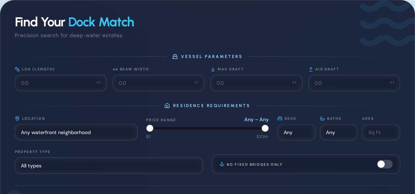 Dock & Draft match tool with vessel length, beam, draft and air-draft inputs