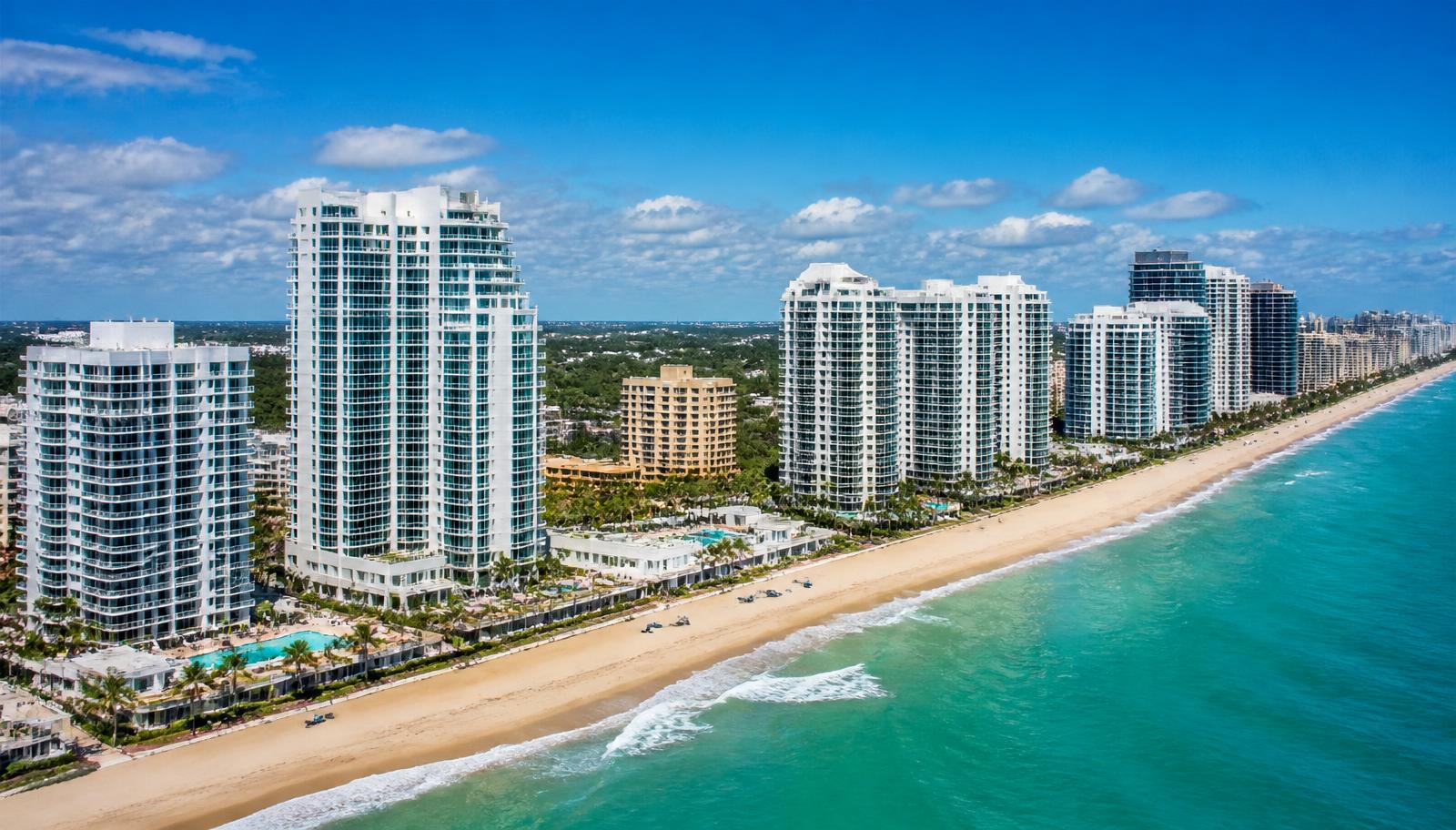 Galt Ocean Mile beachfront condo towers along Galt Ocean Drive in Fort Lauderdale at sunrise