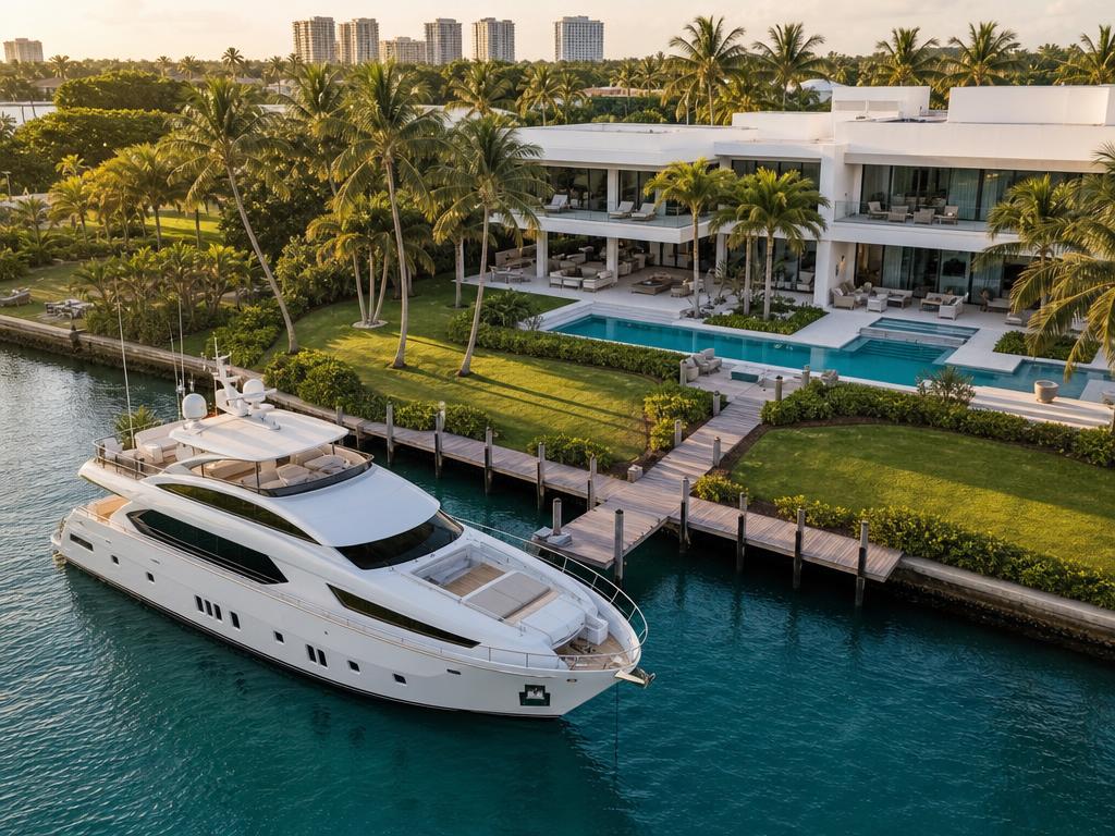 Luxury yacht docked behind a waterfront estate on a Fort Lauderdale canal