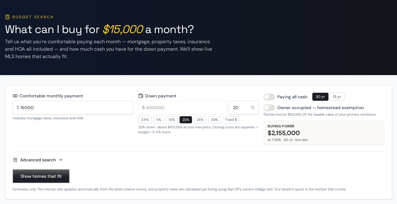 Monthly budget, down payment and buying-power calculator