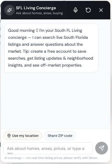 The concierge window with voice, location and message controls