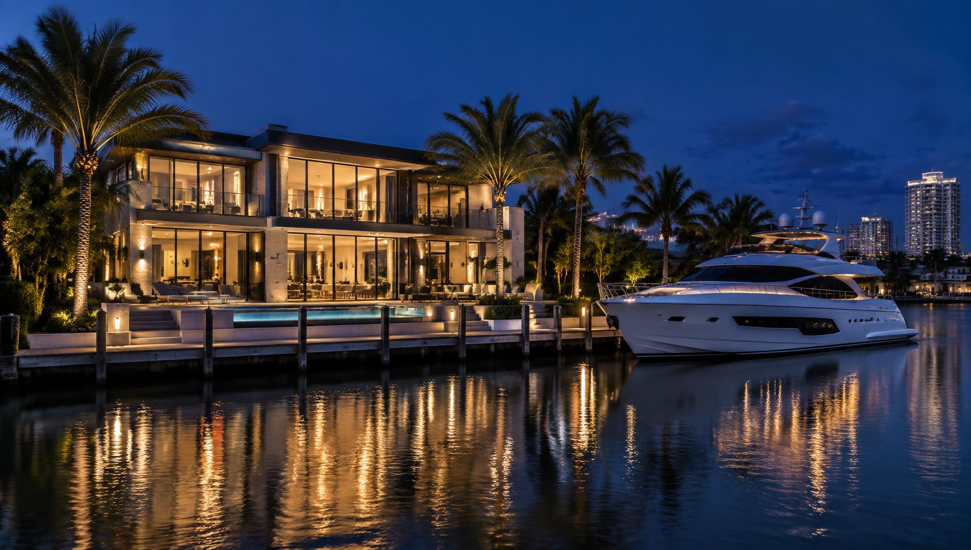 Modern waterfront estate with a yacht at its private dock at blue hour