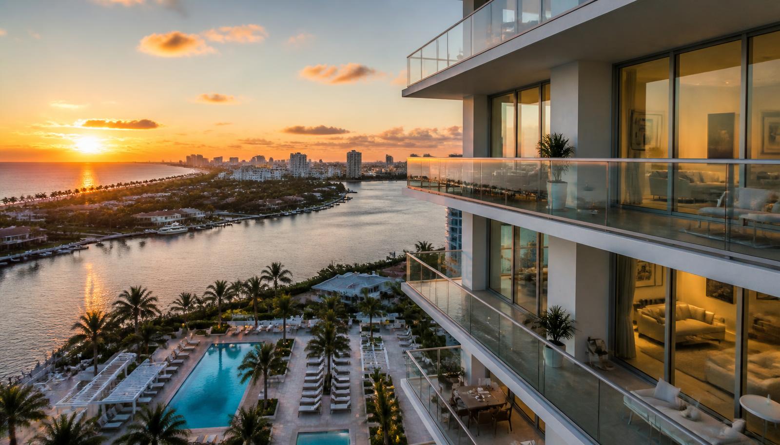 Fort Lauderdale luxury oceanfront condo tower at dusk Fort Lauderdale luxury oceanfront condo tower with glass balconies overlooking the Atlantic Ocean and Intracoastal Waterway at sunset