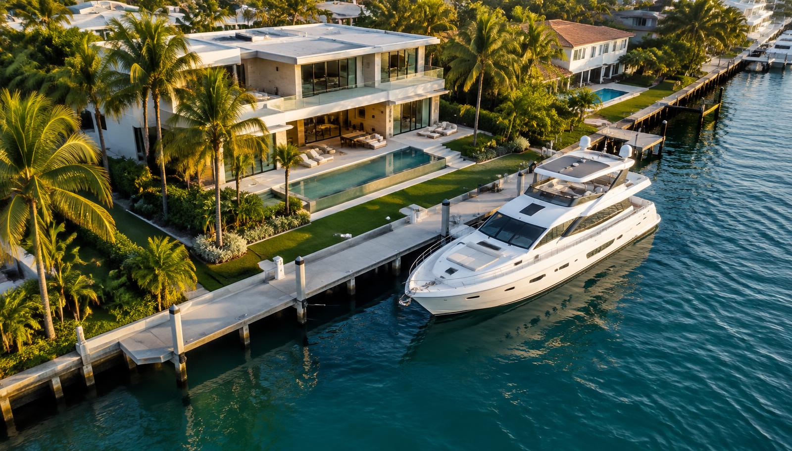 Fort Lauderdale waterfront home with a long private dock and a motor yacht on a deep-water canal