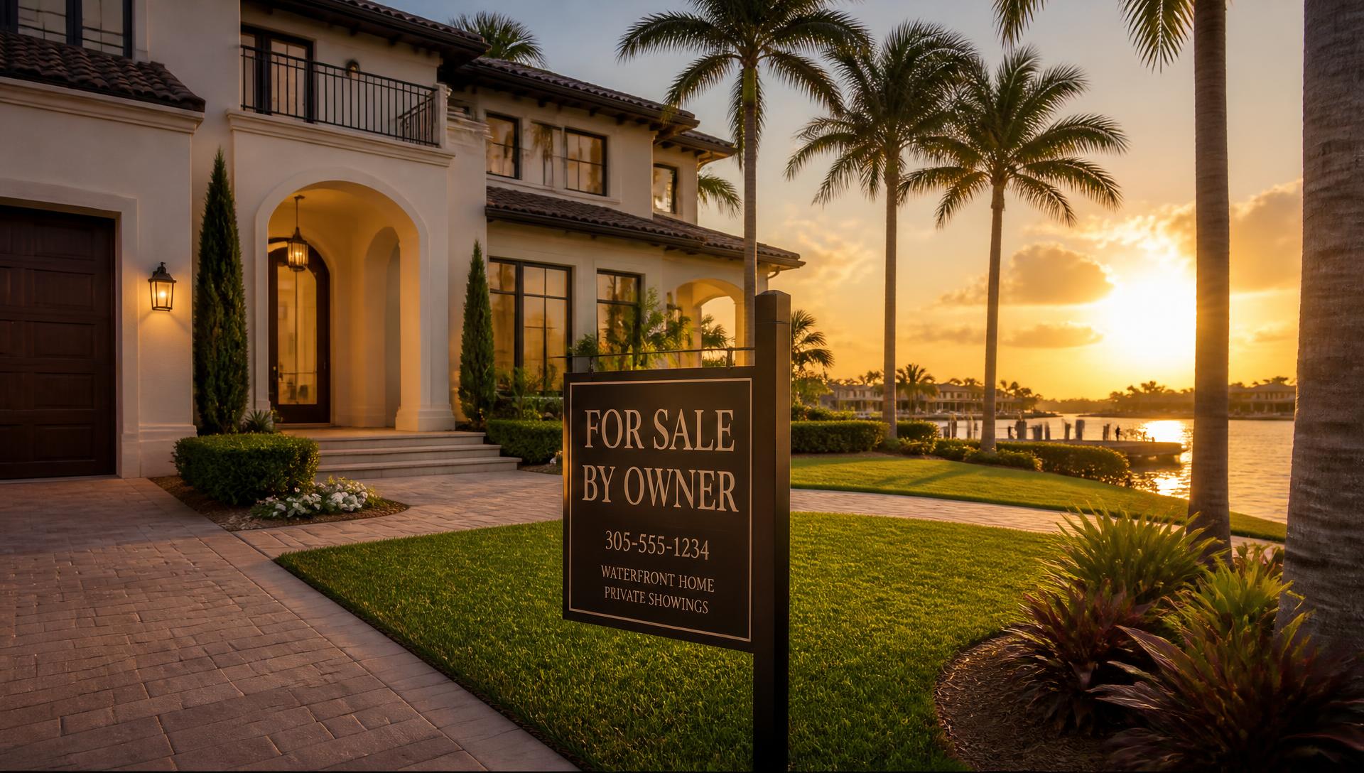 Luxury South Florida waterfront home with a For Sale By Owner sign at sunset