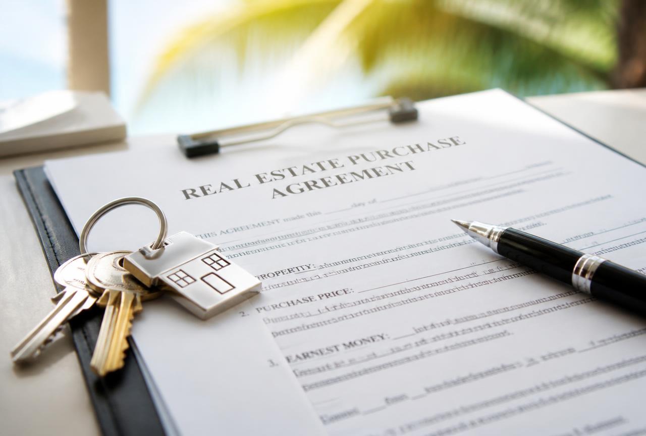 Florida real estate purchase agreement, pen and house keys