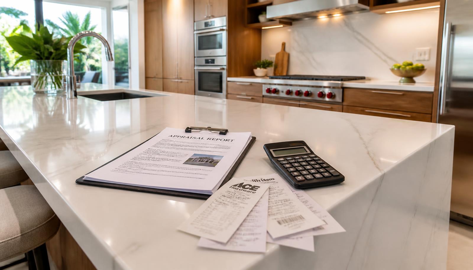 Renovation cost versus appraised value Renovated luxury kitchen in South Florida with an appraisal report, calculator and renovation receipts on the island