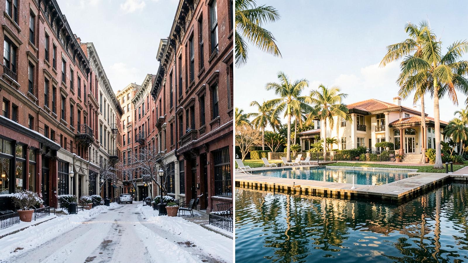 Split view of a snowy New York brownstone street and a sunny South Florida waterfront home with pool and dock