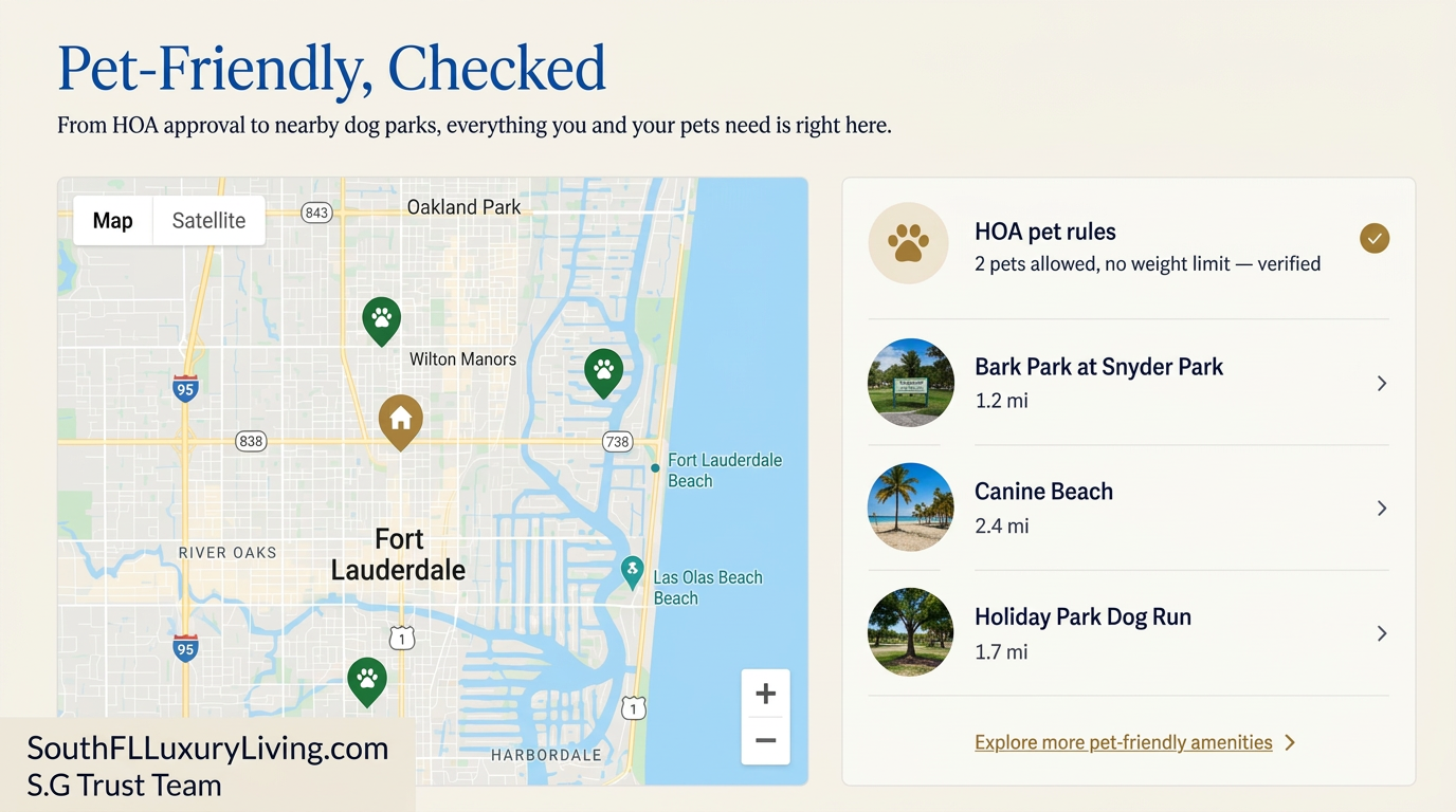 Verified pet rules and nearby dog parks mapped from the home
