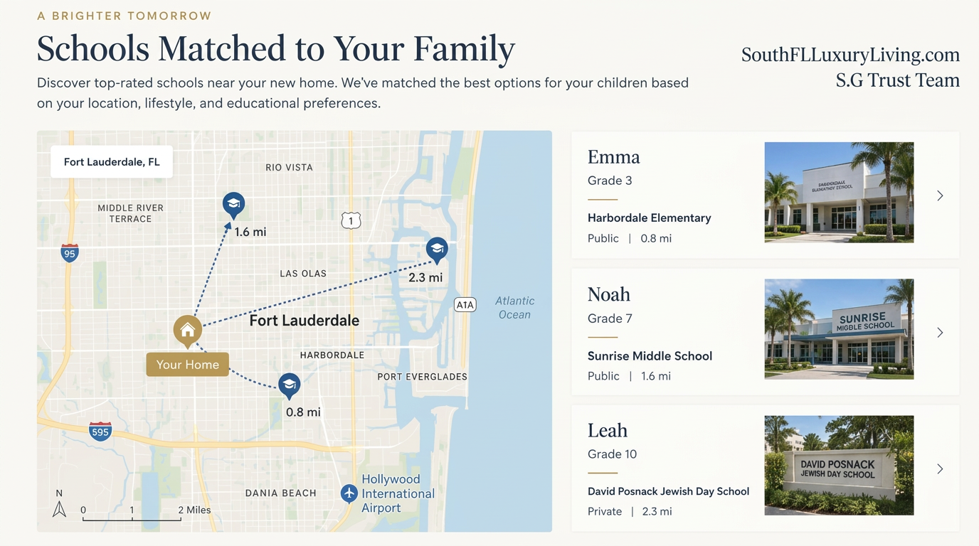 Map matching each child by name to a school, with distance from the home