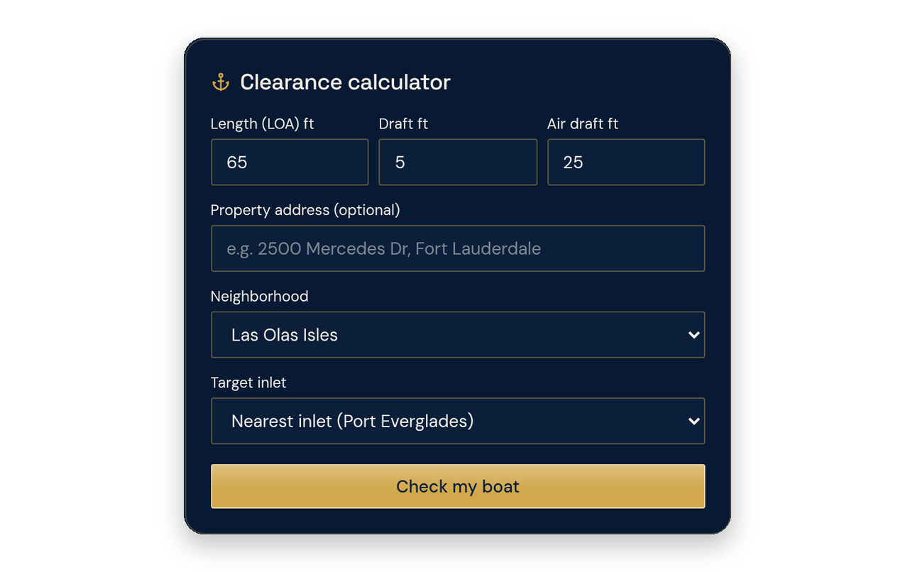 Dock & Draft Match clearance calculator with length, draft and air-draft fields, a property address box and neighborhood and target inlet menus