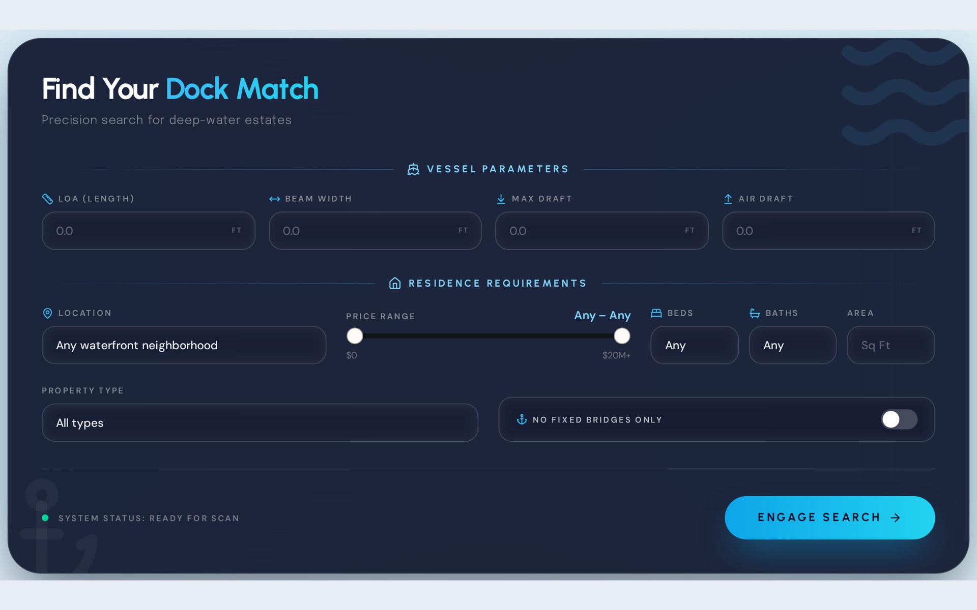 Dock & Draft match tool with vessel length, beam, draft and air-draft inputs
