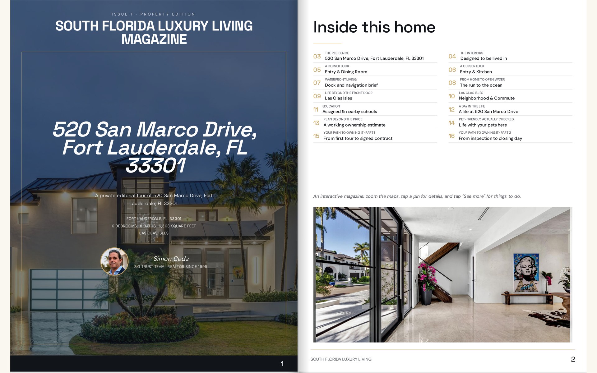 Cover and contents page of a real South Florida Luxury Living property magazine
