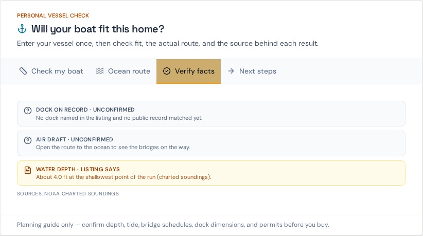 Dock, clearance and water-depth source verification