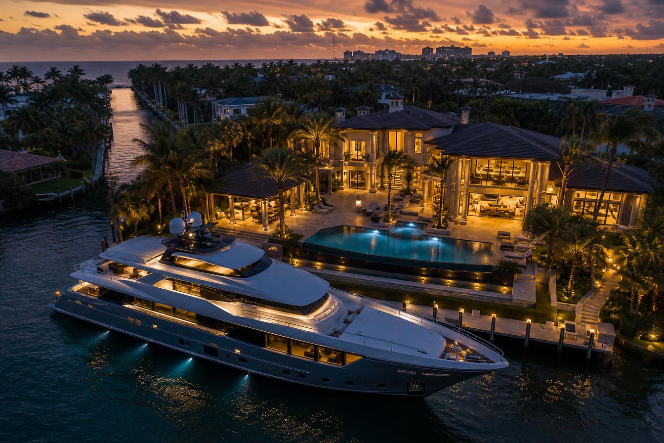 Luxury South Florida waterfront estate with a private docked yacht at twilight